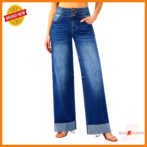 Denim - High Waisted Stretchy Wide Leg Jeans Cuffed Baggy Loose Denim Pants